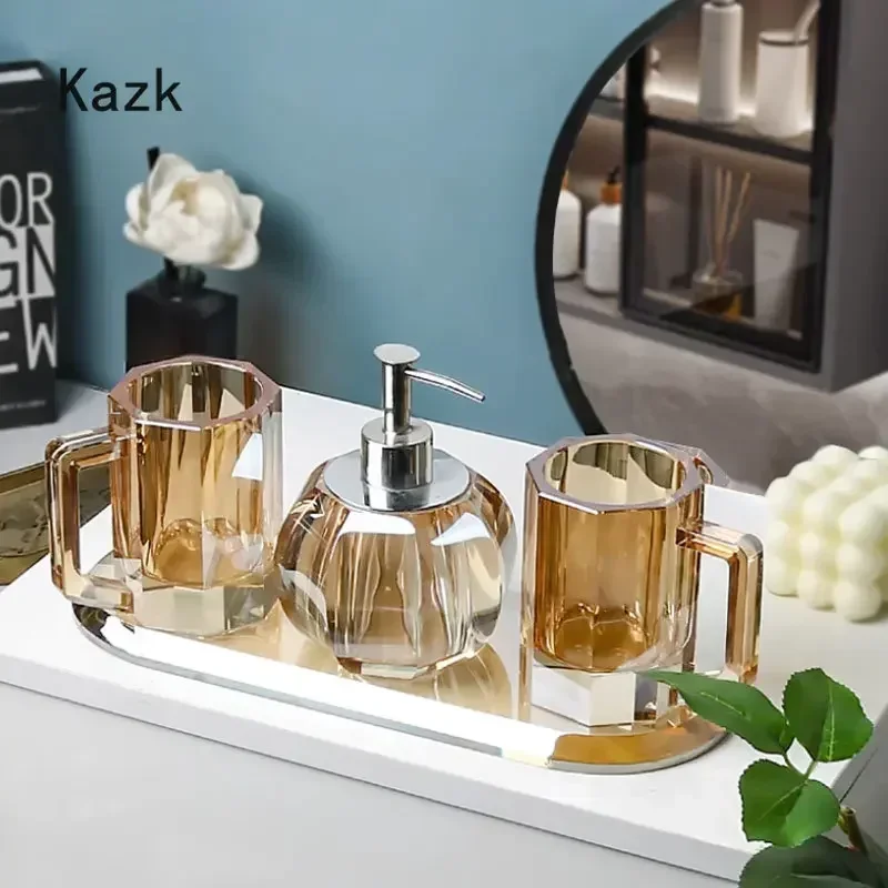 Crystal Glass Bathroom Decoration Accessories Light Luxury Glass Cup Toothbrush Holder Soap Bottle Bathroom Accessories Set Tray