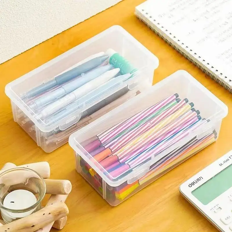 Black Transparent Plastic Storage Box With Lid Desk Organizer For Pens, Pencils, Markers, School Supplies & Office Organization