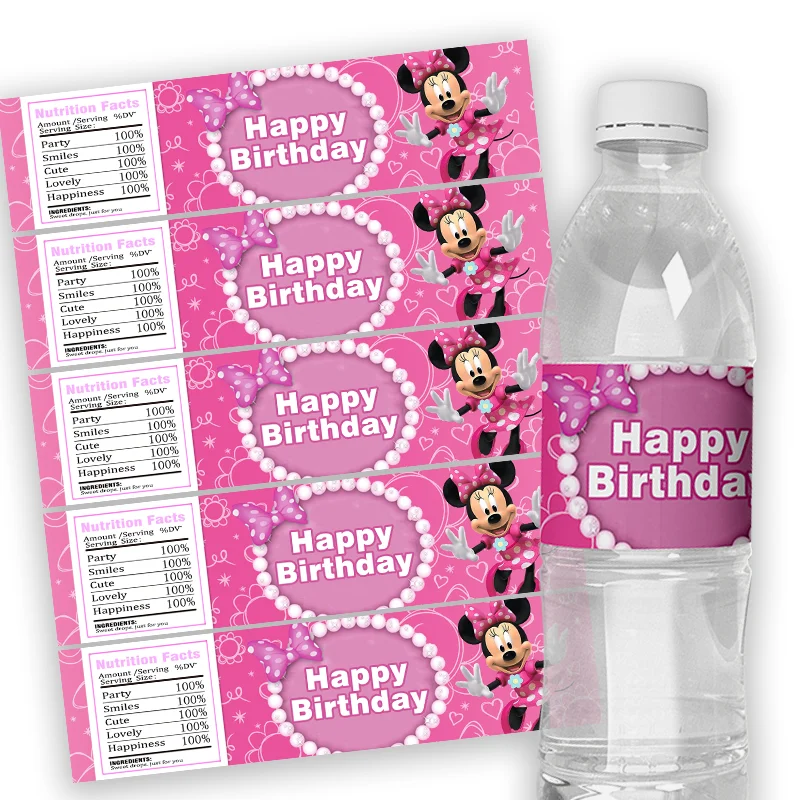 6 adet kişiselleştirilmiş Minnie fare su şişesi çıkartmalar etiketler çocuklar doğum günü partisi dekor özelleştirmek su şişesi etiketi sarar kaynağı