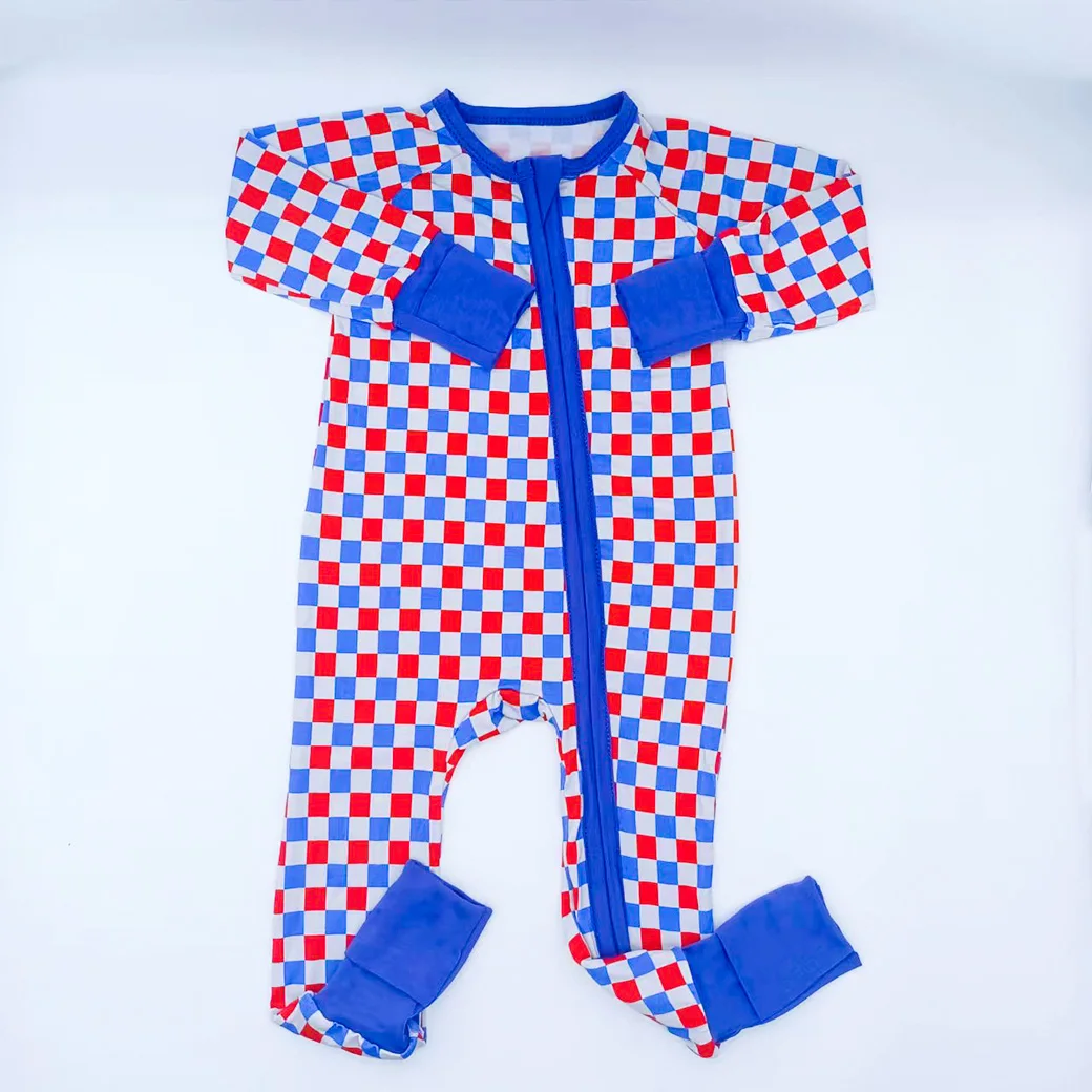 

Blue Checkered Pattern Clothes Baby Boys and Girls Romper Infant Bamboo Zipper Toddler Onesie Pajamas