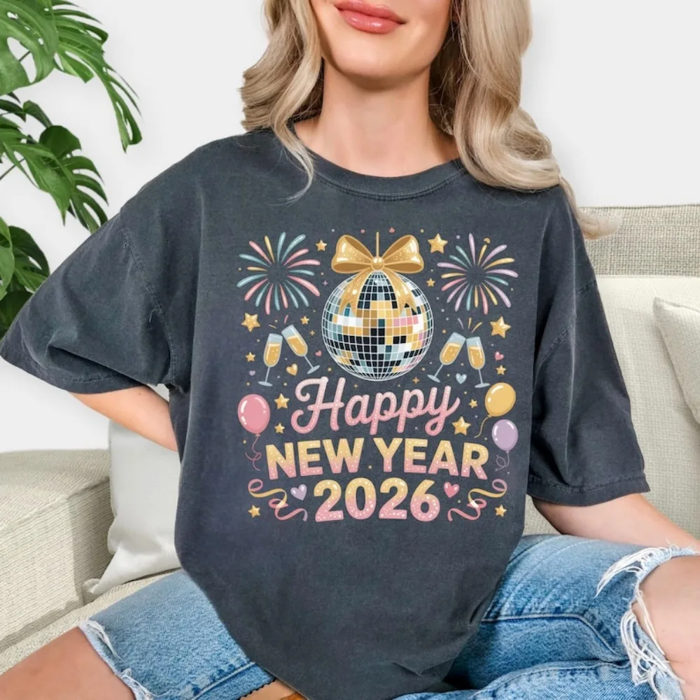 سنة جديدة سعيدة قميص مرحبا 2026 قميص هتاف قميص سنة جديدة سعيدة 2026 تيز موضة ملابس كاجوال ملابس الشارع الشهير النساء تيز #2