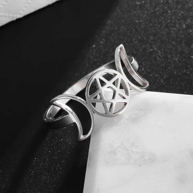 Exquisite Stainless Steel Double Moon Pentagram Witch's Knot Symbol Adjustable Ring Women Girls Fashion Charm Jewelry