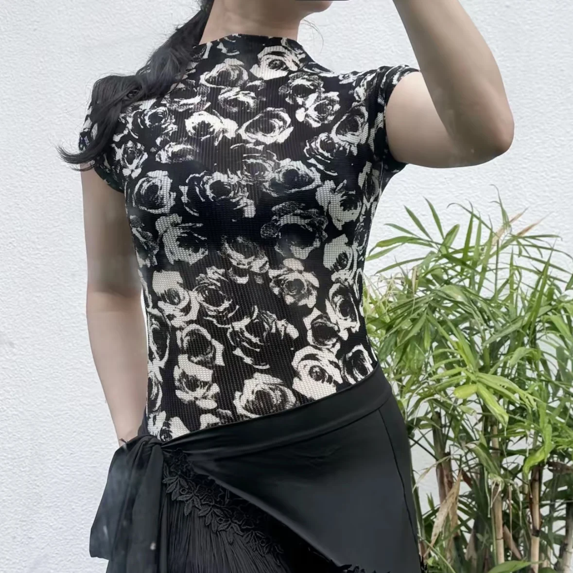 Top da ballo latino con stampa leopardata Donna Rumba Abiti da ballo da sala Estate Abbigliamento da pratica latina Club Performance Top DNV24392