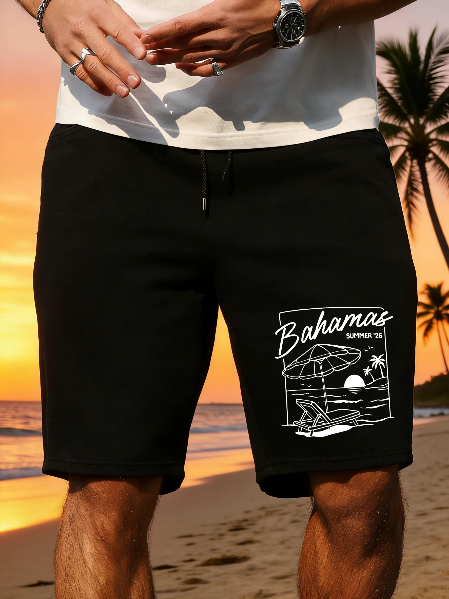 

Summer Bahamas Coconut Tree Print Men'S Shorts Casual Clothing Wide Leg Pocket Short Pant Gym Loose Breathable Black Pants
