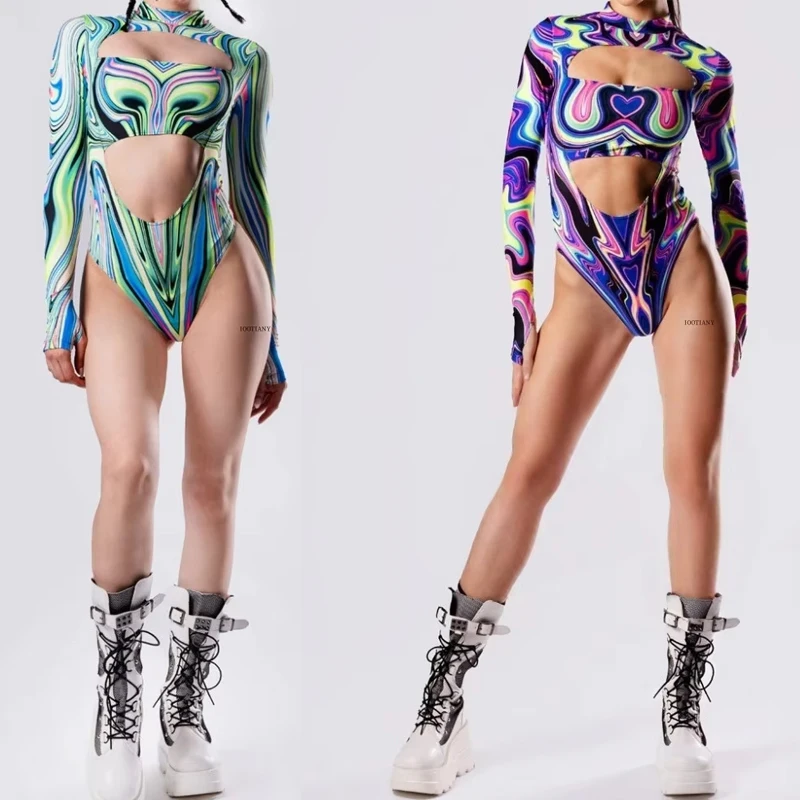 

Sexy Leopard Print Adult Women Punk Blue Hollow Out Bodysuit Beach Swimsuit Holiday Party Stage Performance Cosplay Costumes