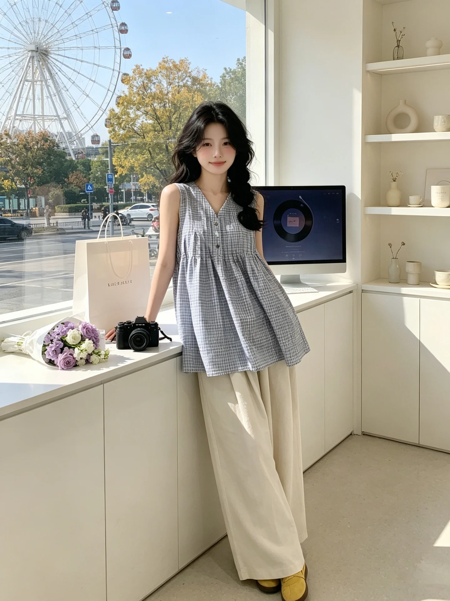 

Blue Plaid V-Neck Sleeveless Top And Wide Leg Pants Two-Piece Set Fashionable Korean Style Women's Summer Design Sensation