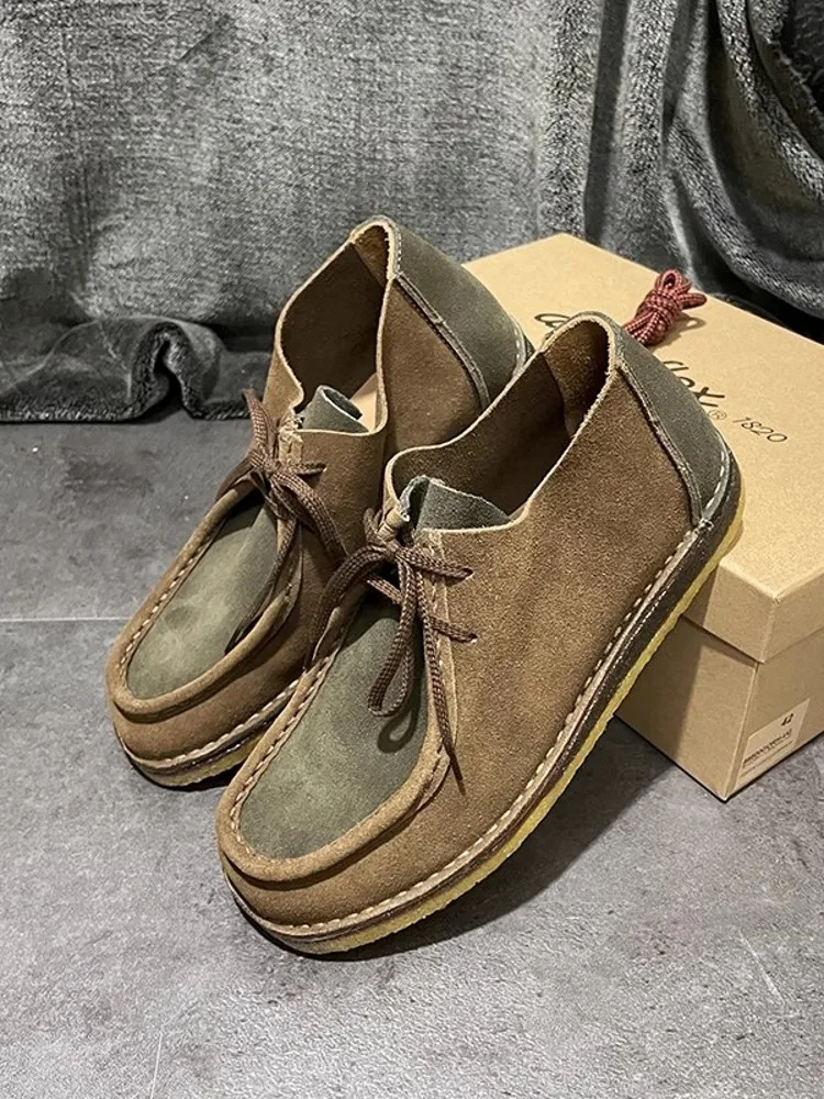 Vintage Men Cow Suede Leather Work Shoes Casual Lace Up Mixed Colors Handmade Shoes Spring Italian New Designer High Top Shoes