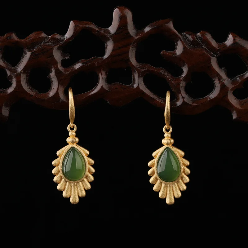 , 925 Silver Gold-Plated Inlay, Hetian Jade Drop Earrings