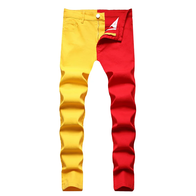 

Mcikkny Men Hip Hop Color Block Jeans Pants Elastic Skinny Casual Denim Trousers Streetwear Patchwork For Male