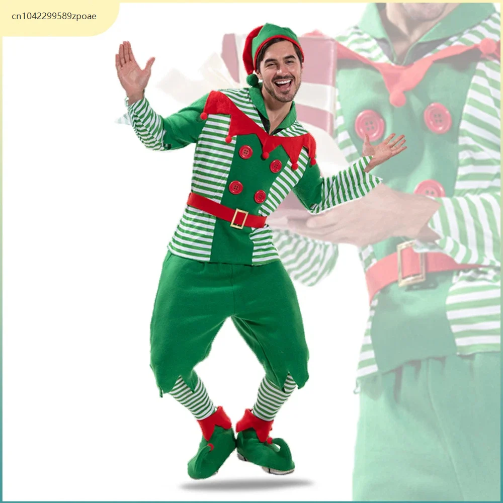 

Cute Christmas Men's Santa Claus Striped Costume Green Elf Cosplay Family Carnival Party New Year Masquerade Costume Set 2025