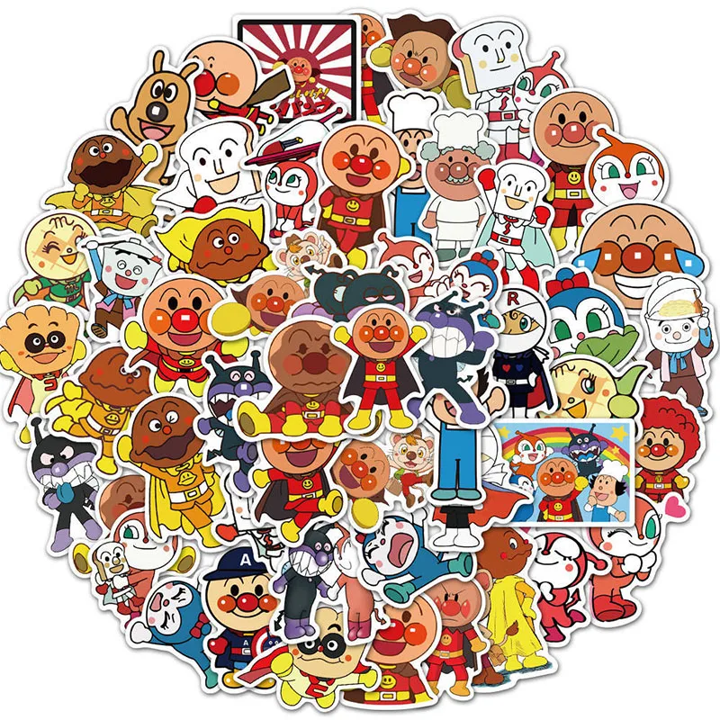 Bandai 50PCS Anpanman DIY Cartoon Stickers Phone Trunk Refrigerator Waterproof Anime Stickers Anime Figure Image Toys Sticker