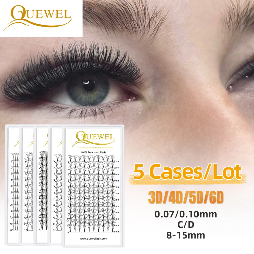 Quewel Lashes 5Pcs/Lot Premade Volume Fans Short Stem 3D 4D 5D 6D 5Trays Russian Eyelash Extension Faux Mink Individual Lash