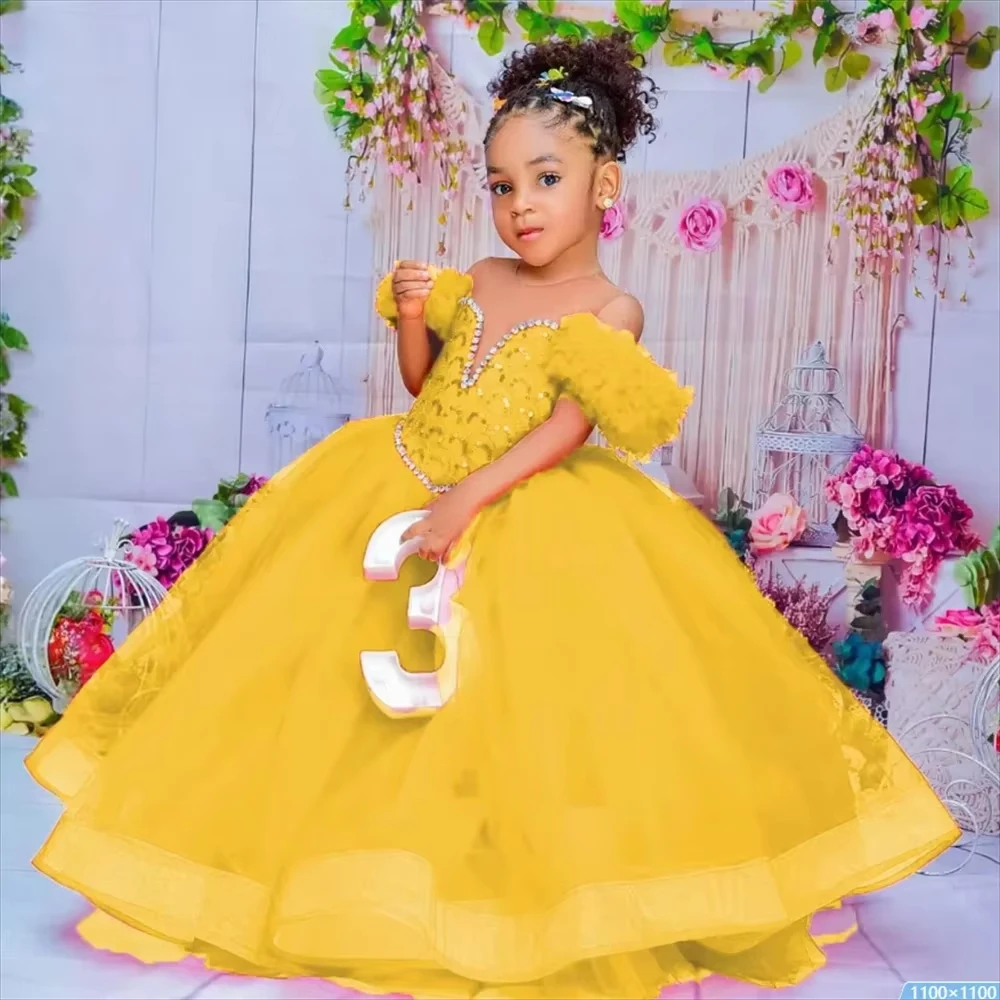 Robe de princesse gonflée pour filles, appliques en dentelle perlée, paillettes de mariage, fête d'anniversaire pour enfants, première communion, tout ce que vous voulez