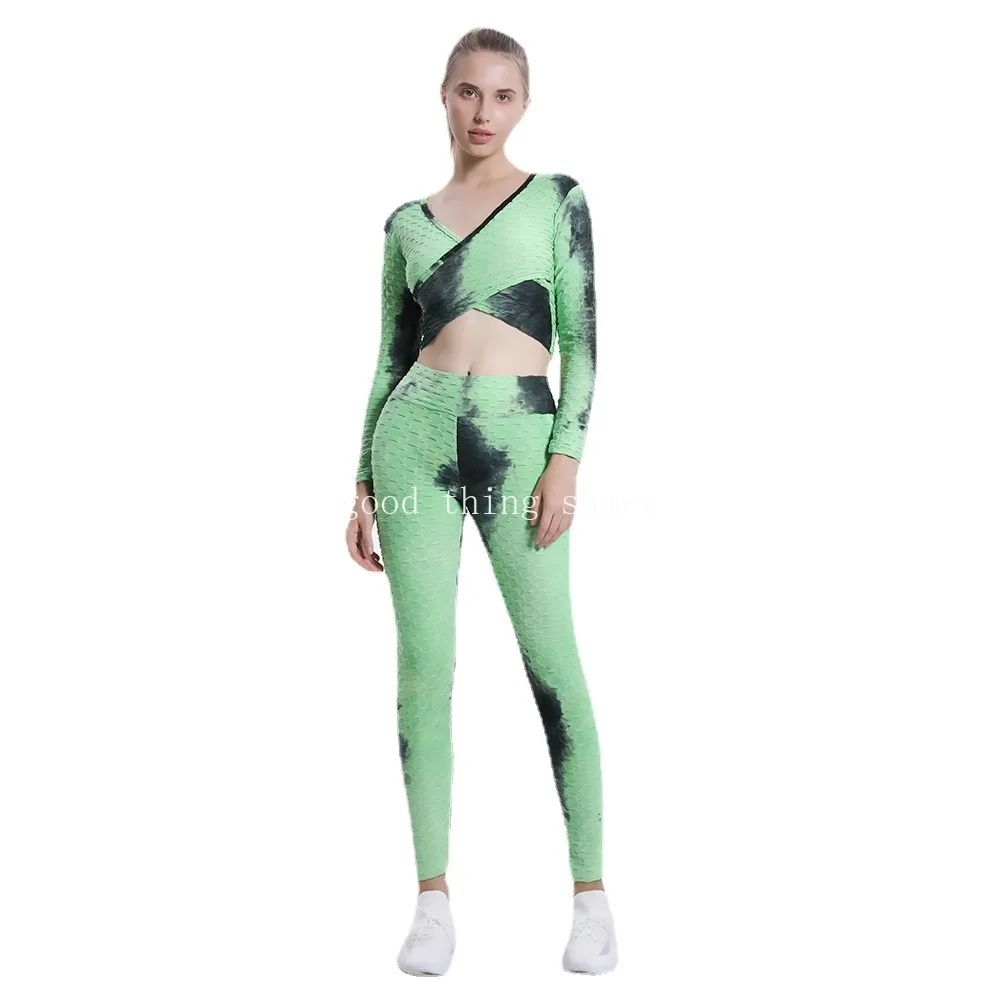 Tie-Dye Yoga Suit Women's Crossover Tops High Waist Stretch Tight Yoga Trousers Fitness Suit