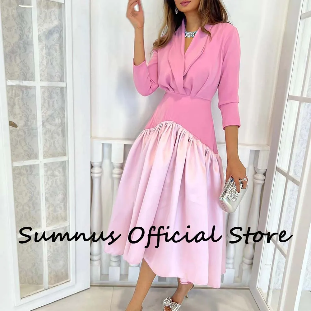 Sumnus Pink Long Sleeve A Line Saudi Arabia Evening Dresses Draped Satin Elegant Midi Women Formal Gowns Dubai Prom Party Dress