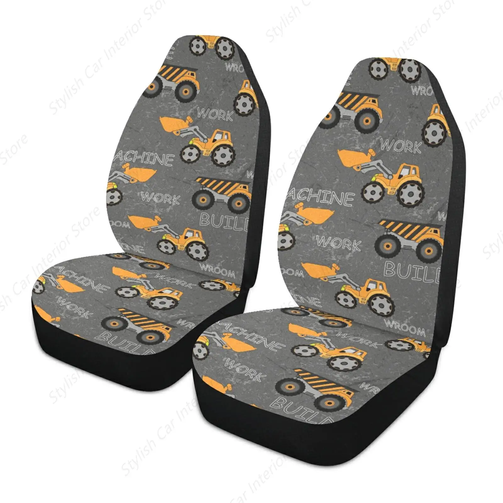 

Seamless Construction Machines Orange Trucks Build on Dark Grey 1PC Front Car Seat Covers Set Universal Fit for Vehicle Sedan
