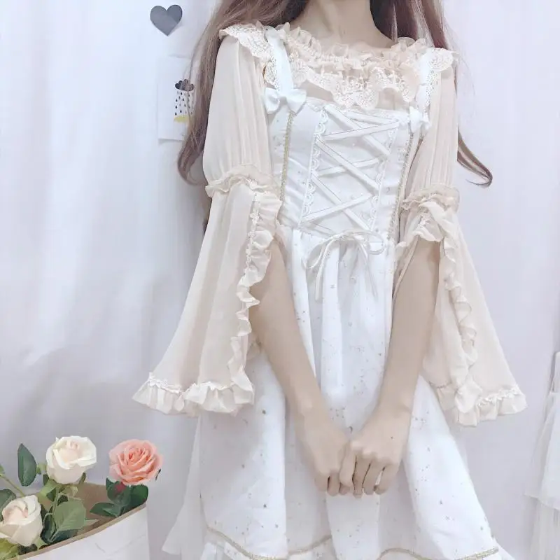 lolita gothic top Women Vintage Lolita Style Gigot Sleeve Blouses Girls Victorian Sweet Lace Ruffles Bandage Tops Blusas Mujer