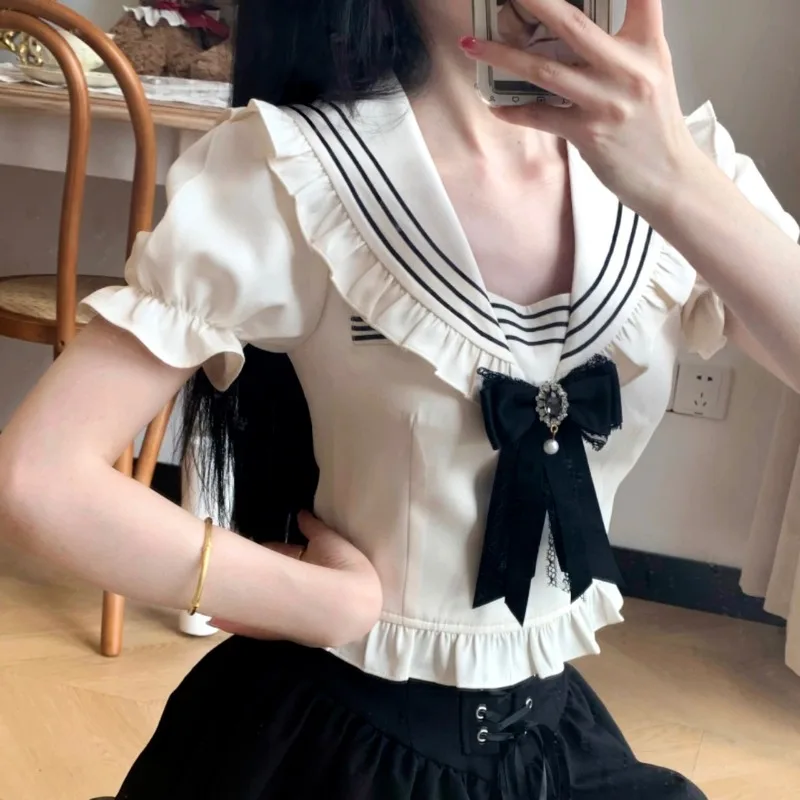 Miiiix Japanese Navy Collar Bow Mushroom Lace Top Summer New Style Strap Lace Sweet Half Skirt Two Piece Set Female Clothing