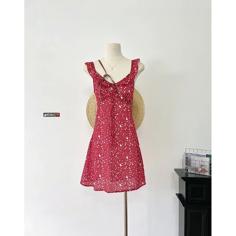 2024 Summer Red Dress Women Sleeveless Sexy Holiday Slim Vintage Designed Print New Fashionable Vestidos Leisure  De Mujer