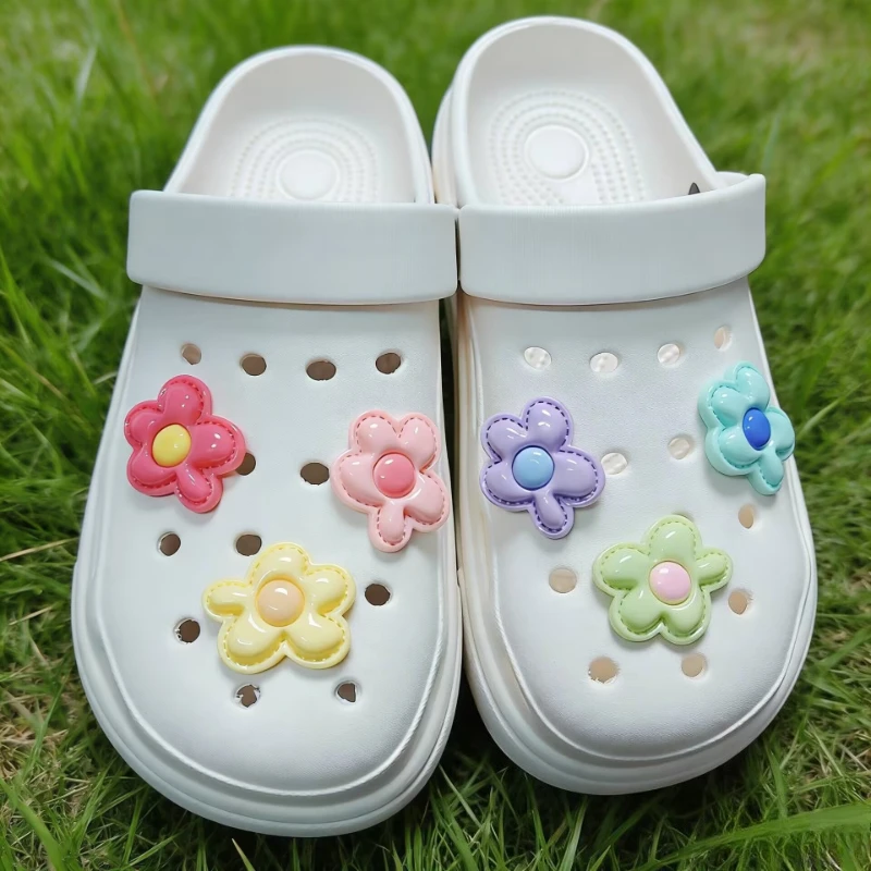 6PCS DIY Sunflower Clog Buckle Slides Candy Color ABS Imitation Leather Flower Decorations Fit Slipper Sandals for Women
