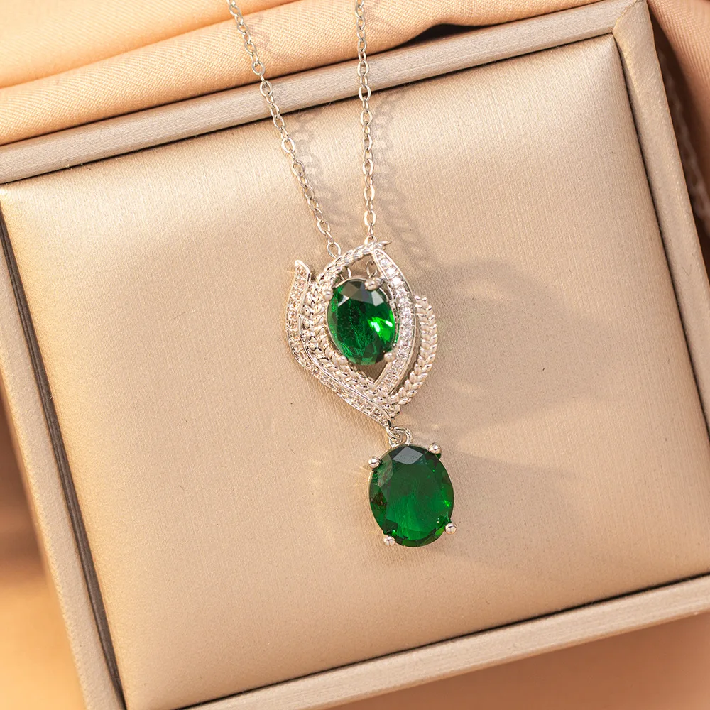 

Titanium Steel Emerald Geometric Necklace Women Luxury Elegant High Grade Sweater Chain Long Pendant Jewelry PartyGift Wholesale