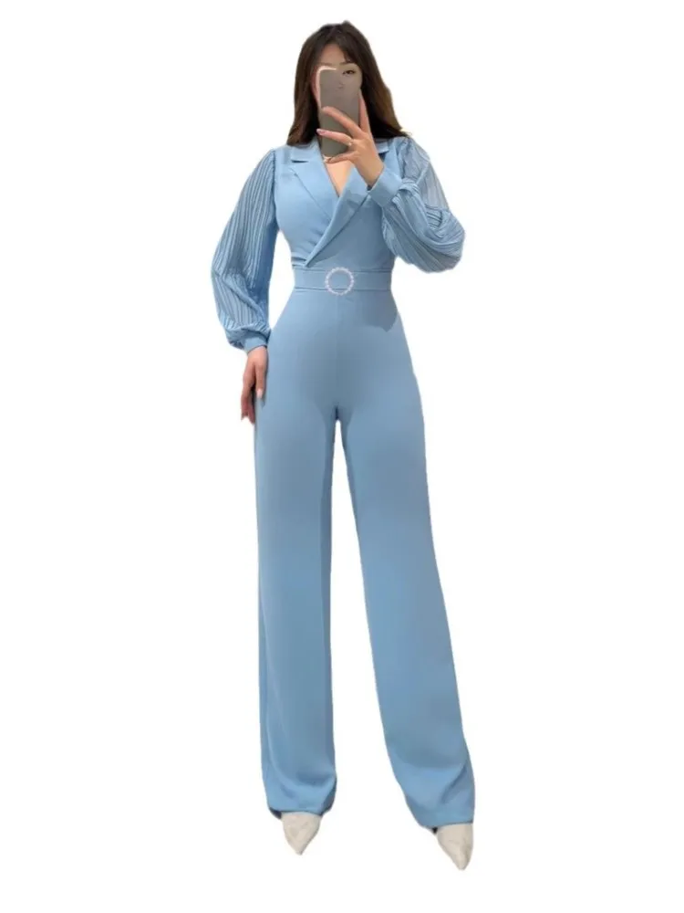 New Elegant Slim Jumpsuits Women Fashion Casual Lapel Ruched Long Sleeve Wide Leg Jumpsuit Trendy One Piece Outfits With Belt