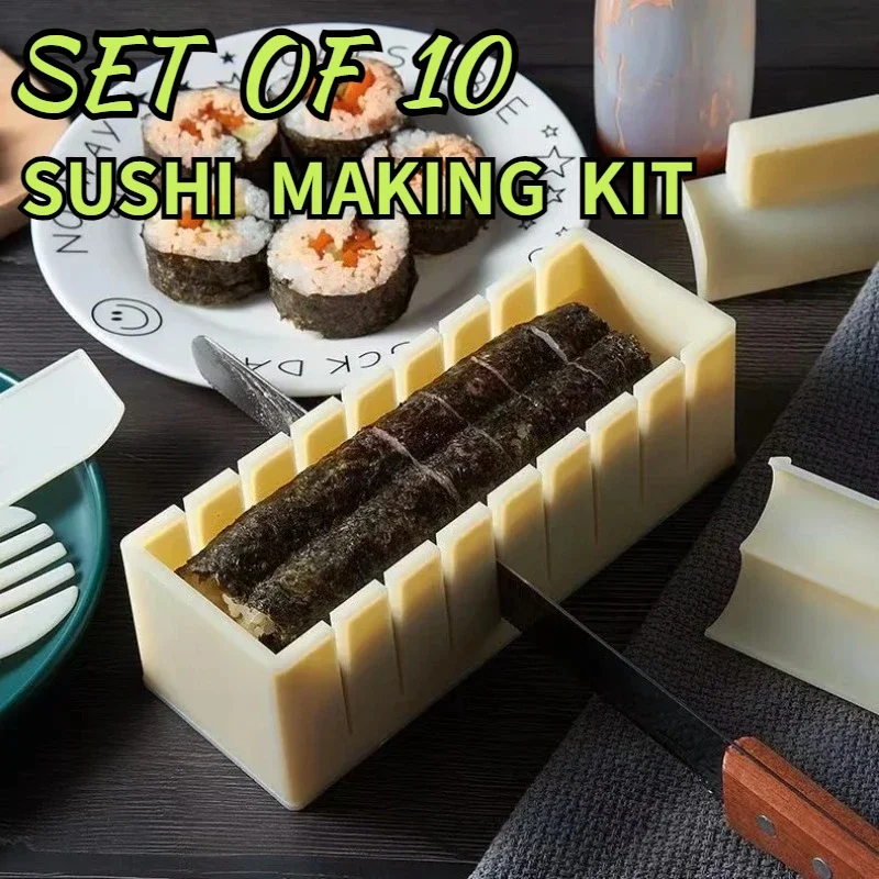 

Sushi Making Kit 10 Pcs Plastic Premium Sushi Tool Set Sushi Rice Roll Mold Shapes,DIY Tool for Beginners Kitchen Accessories