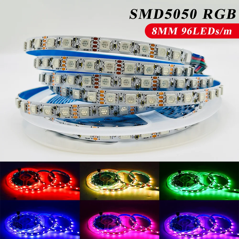 

5m 12V 24V DC RGB LED Strip SMD5050 60LEDs/m 96LEDs/m Flexible LED Light Tape 8mm PCB for Decoration