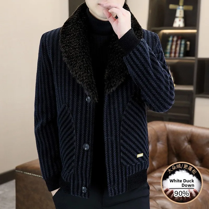 

Мужское шерстяное пальто с большим меховым воротником, модное городское, укороченное, приталенного кроя, со съемным капюшоном, с узором в полоску