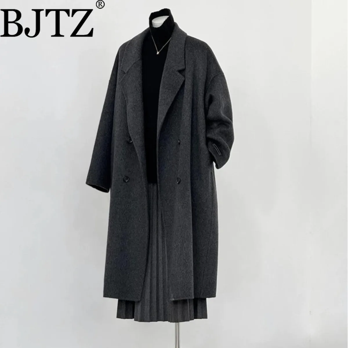 

BJTZ 2025 Women's Double Faced Wool Long Coat Double Breasted Lapel Pockets Casual Vintage Chic Luxury New Arrival Spring/Autumn