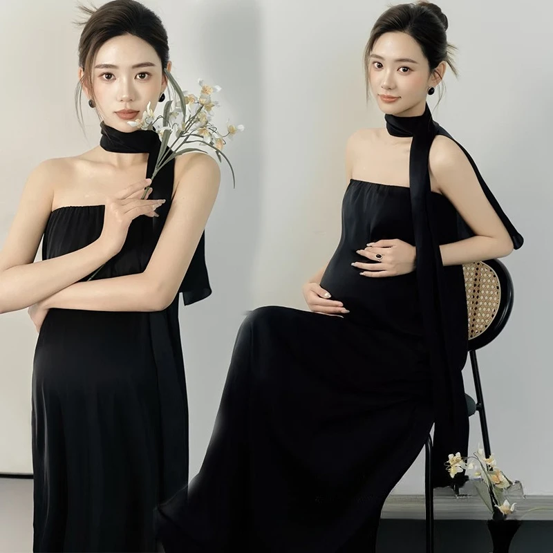 

Women Maternity Dress for Photo Shooting Female Black Tank Long Dress with Belt Pregancy Clothing for Studio Photoshoot Clothes