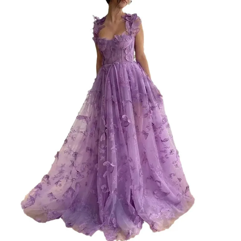 

2025 New Fashion Spring Summer Women's Clothing Tulle Spaghetti Straps Sleeveless High Slit Dress Casual Lace Up Back Dresses