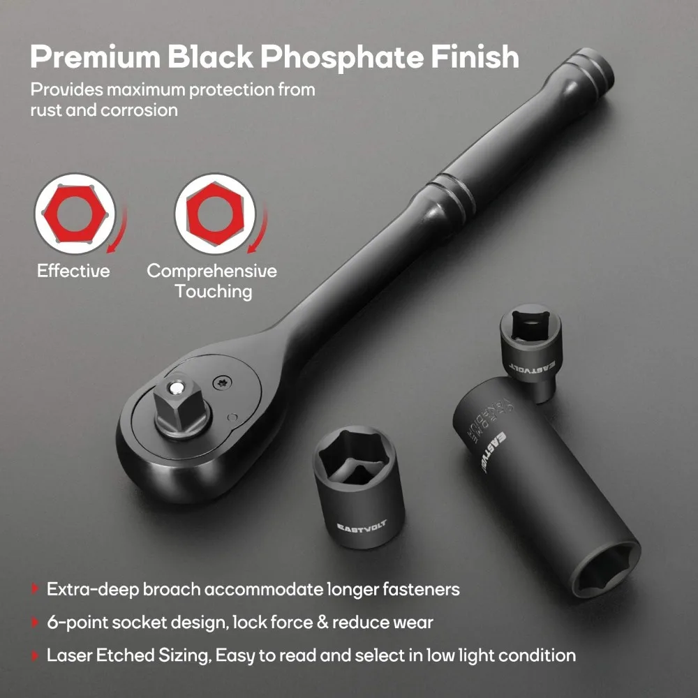 Juego de llaves de trinquete con casquillo de accionamiento de 46 piezas con trinquete reversible de 72 dientes, barras de extensión y estuche de almacenamiento para métrico/SAE