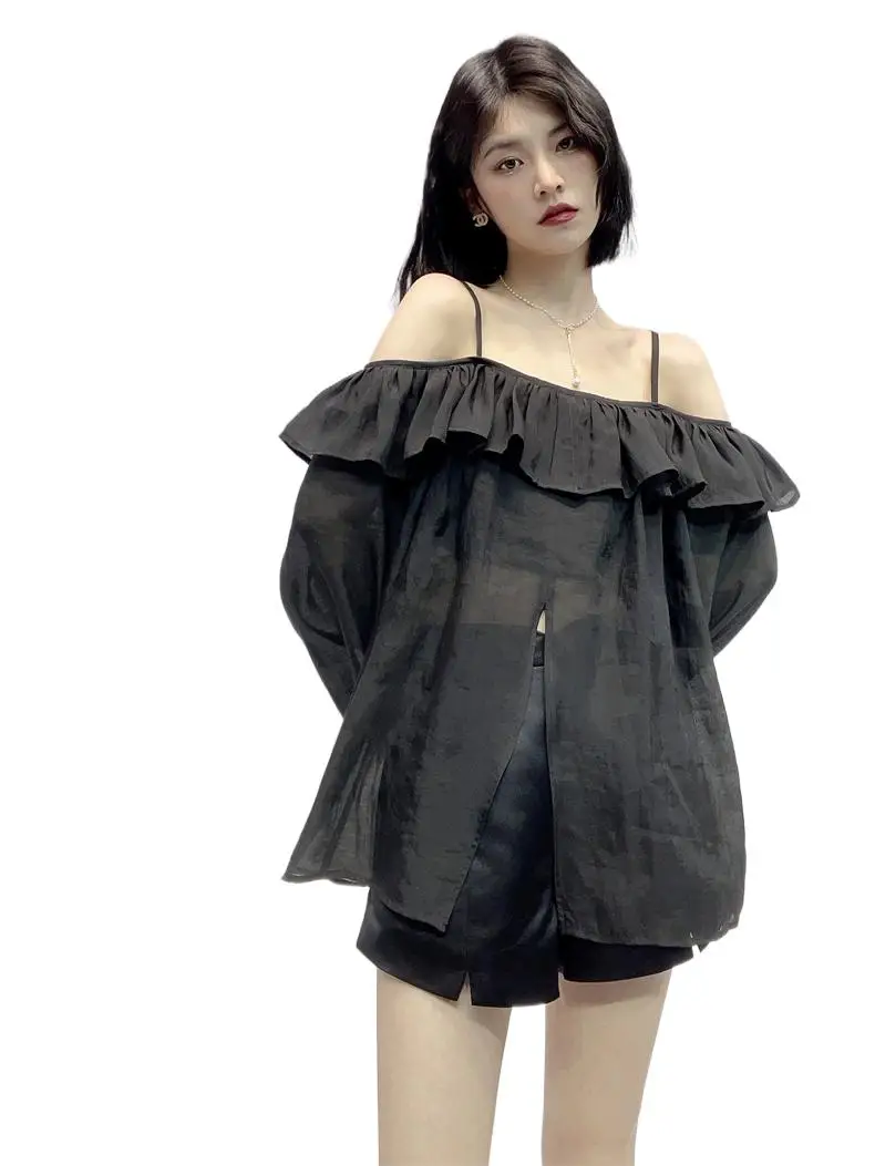 

Весенняя корейская элегантная милая блузка из лиоцелла с разрезом, модная осенняя рубашка с открытыми плечами и рюшами, вырезом и длинными рукавами ярких цветов 5XL