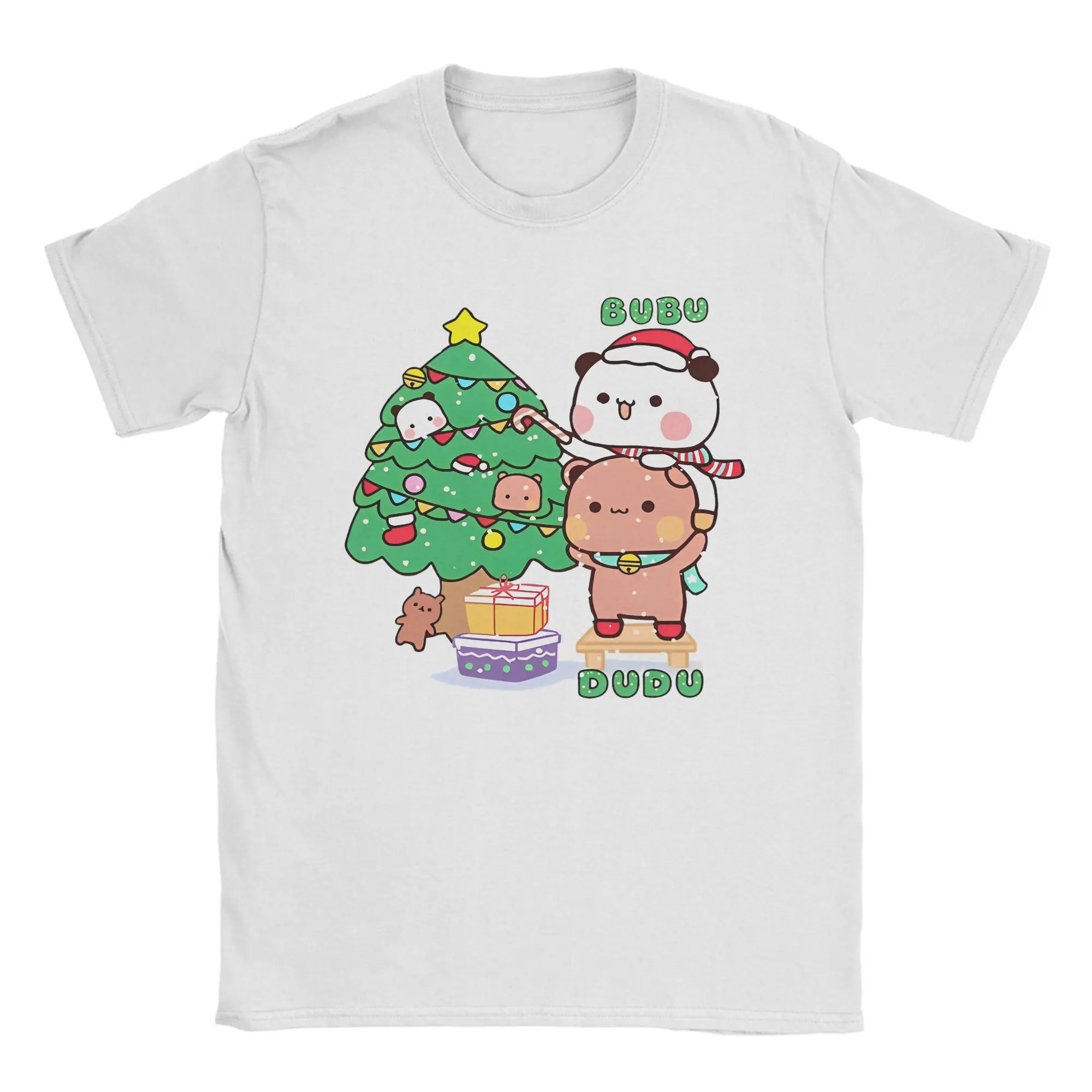 Lässiges Bubu Dudu Weihnachten Panda Paar T-Shirt Damen Herren Rundhals Kurzarm Tops Süße Weihnachten Baumwolle Sommerkleidung