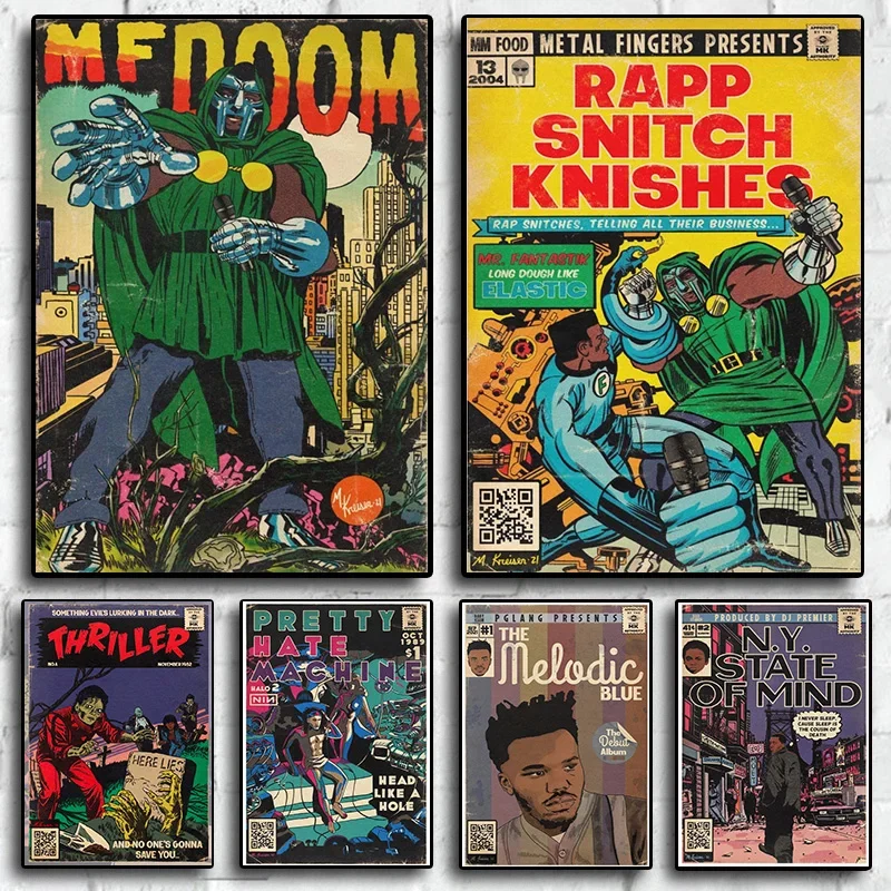 

MF Doom Плакат с комиксами Эстетический Nas Michael Jackson Музыкальный альбом Хип-хоп Рэпер Манга Винтаж Холст Для Настенного Искусства Фреска Комната De