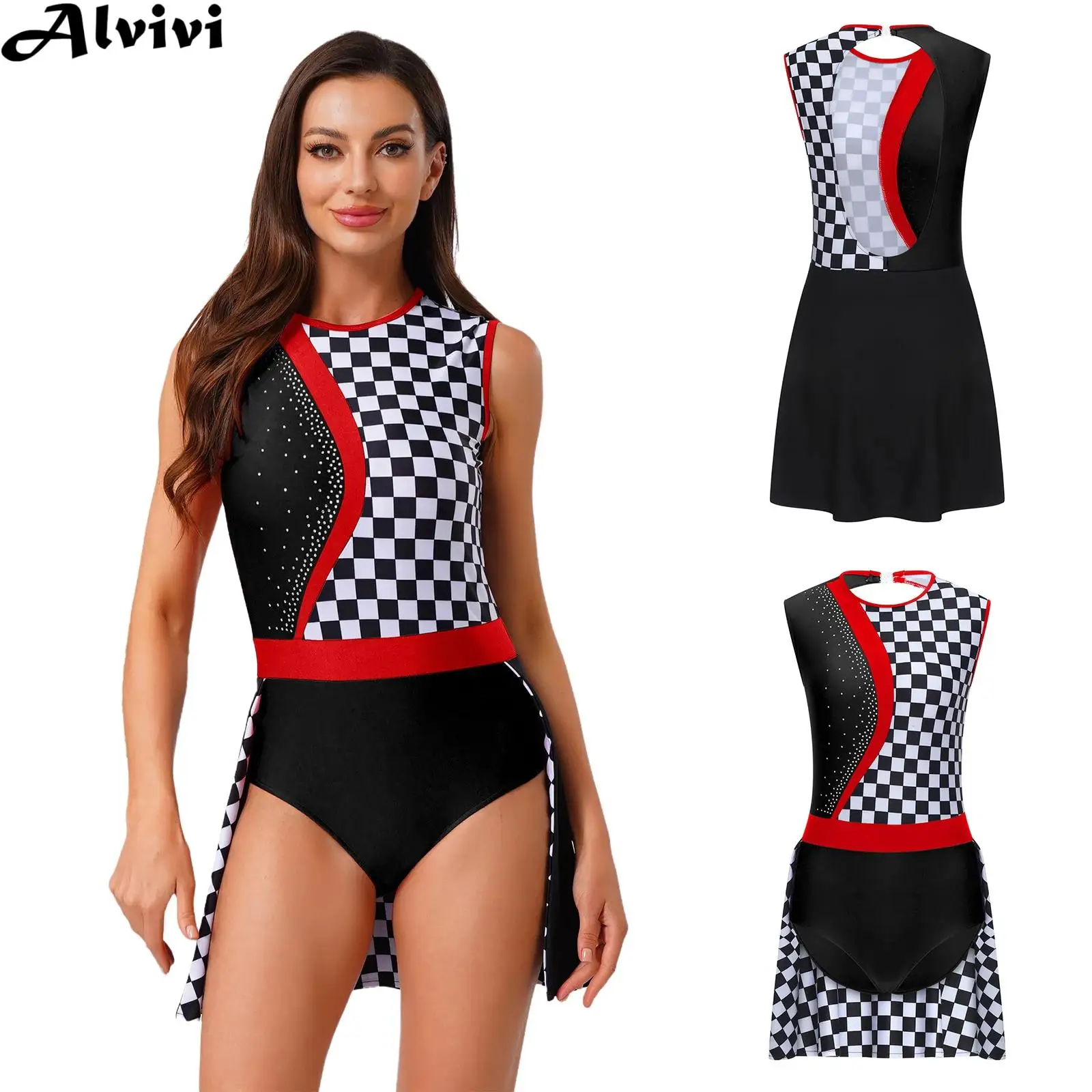

Женский костюм без рукавов в клетку со стразами, скоростной гоночный автомобиль, боди с юбкой, костюм гонщика для Хэллоуина, карнавала, вечеринки