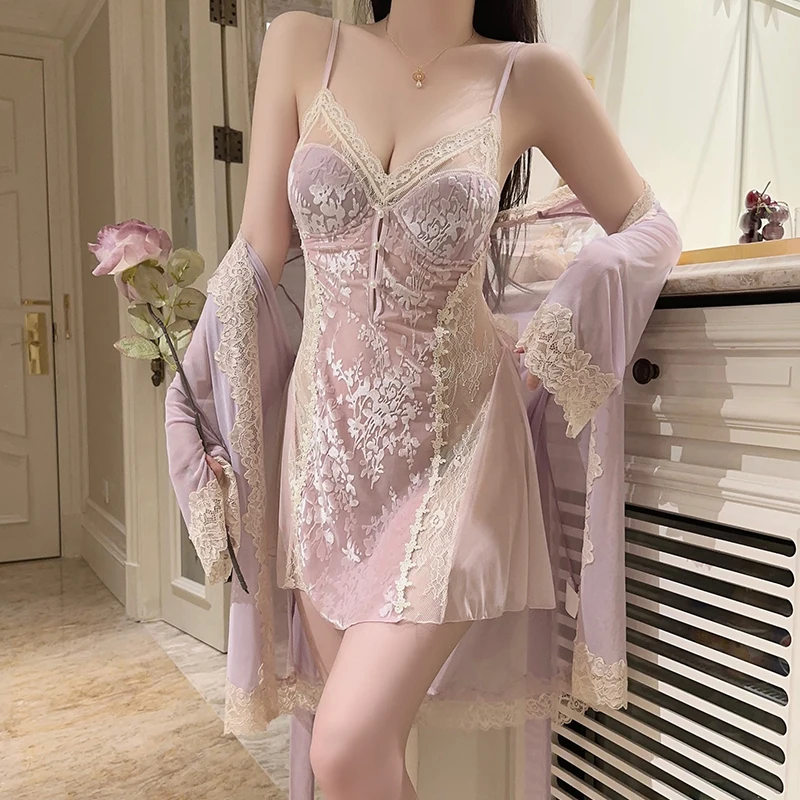 

New Translucent Burn-Out Robe Set Lace Women V-Neck Sexy Nightdress French Nightgown Ladies Temptation Home Clothing Underwear