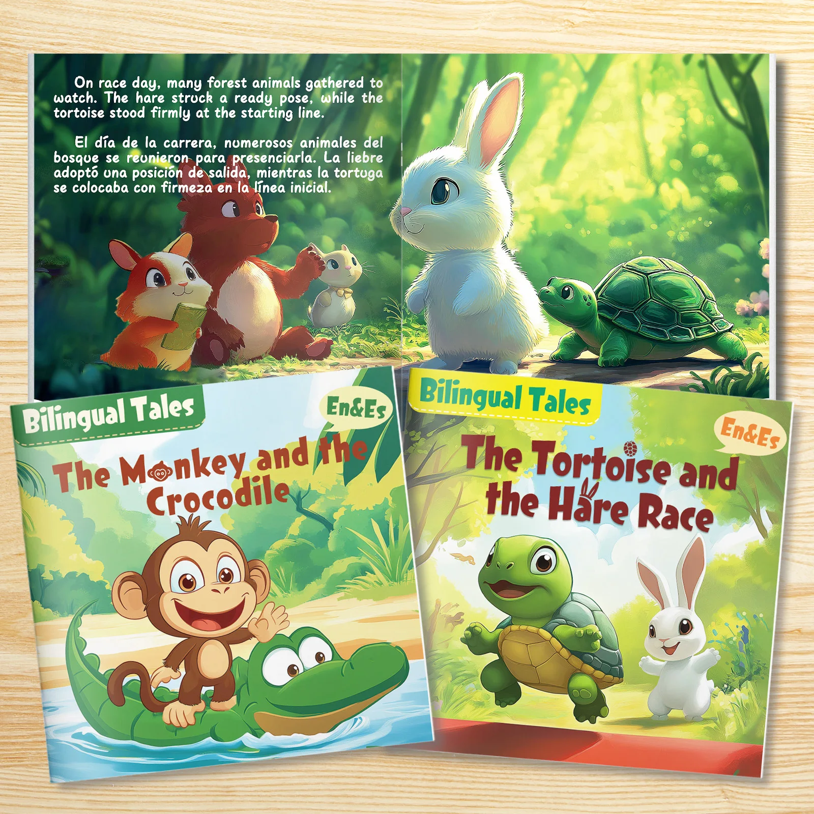 Two volumes of bilingual stories about friendship in English and Spanish, Monkey and Crocodile+Turtle and Hare Race