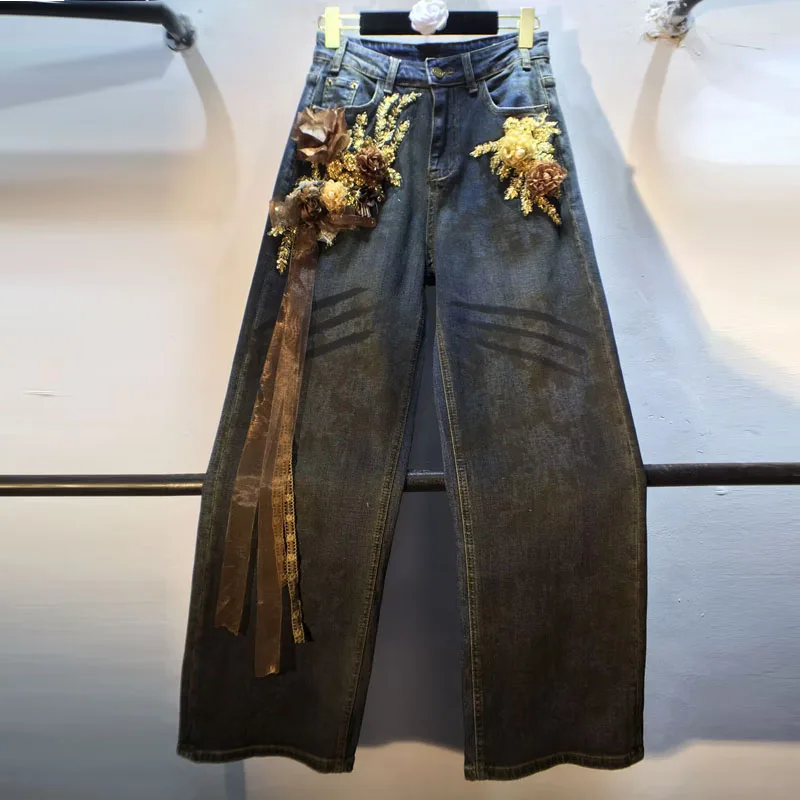 

Европа 202, осень, новый стиль, лоскутные прямые джинсы, расшитые бисером и пайетками, 3D цветочная роспись, длинные брюки, женские брюки