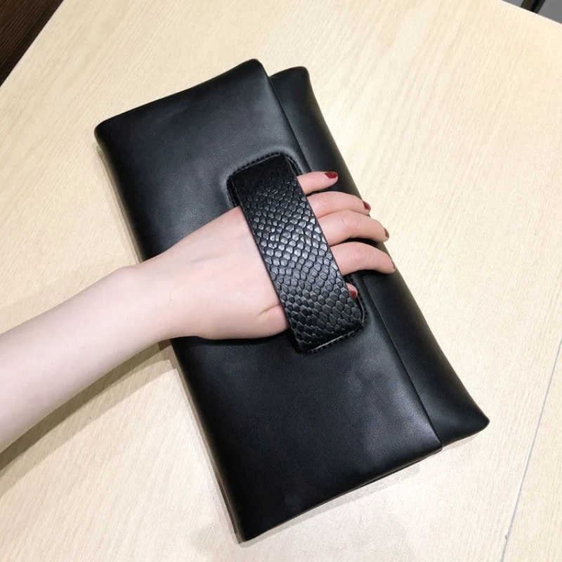 Genuine Leather Clutch Bag for Women, Envelope Wristlet Purse with Detachable Chain Strap, Foldable Evening Handbag