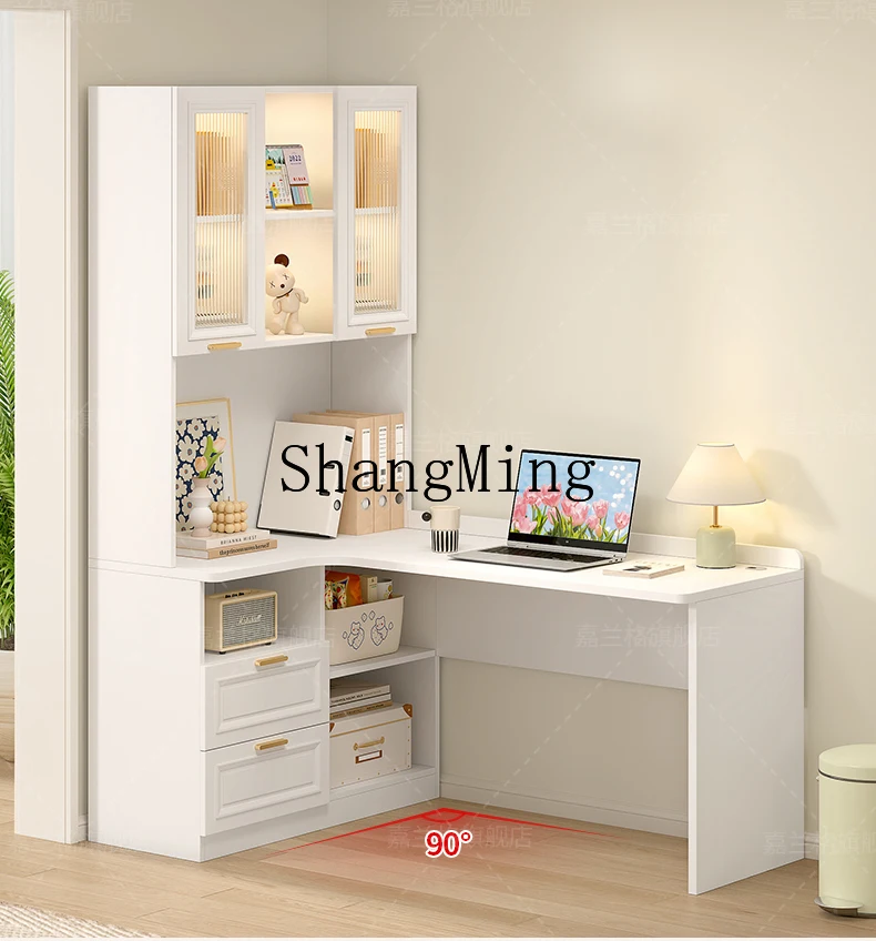 

CL Cream Style Corner Desk Bookshelf Integrated Home Small Apartment Corner Bookcase Writing Desk