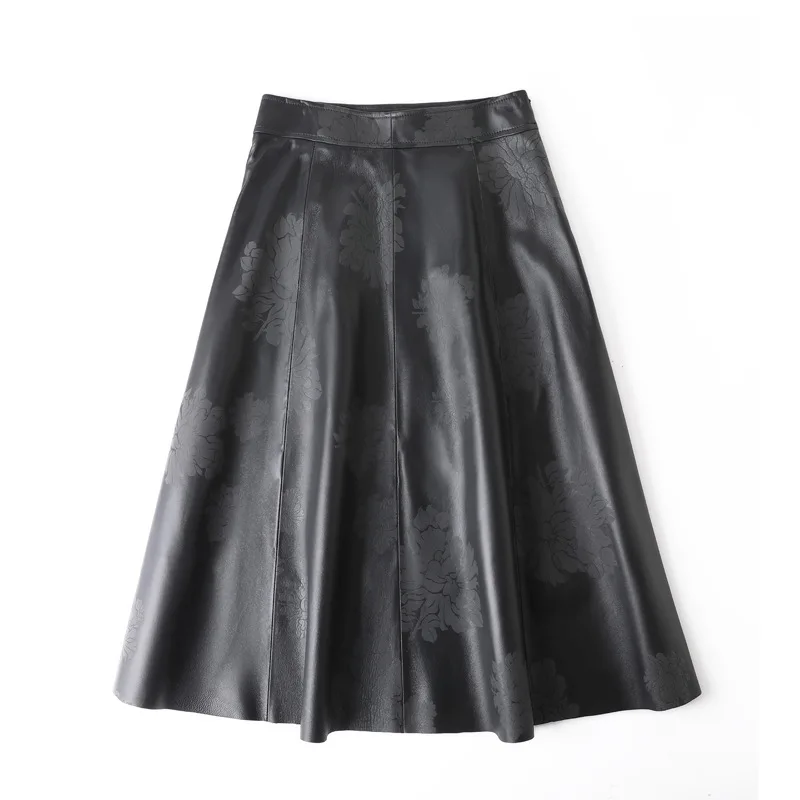 High End Lambskin Skirt for Women Distinctive Relief Printed Flowers Jupe Mujer Casual real Leather Large Swing A-line Faldas