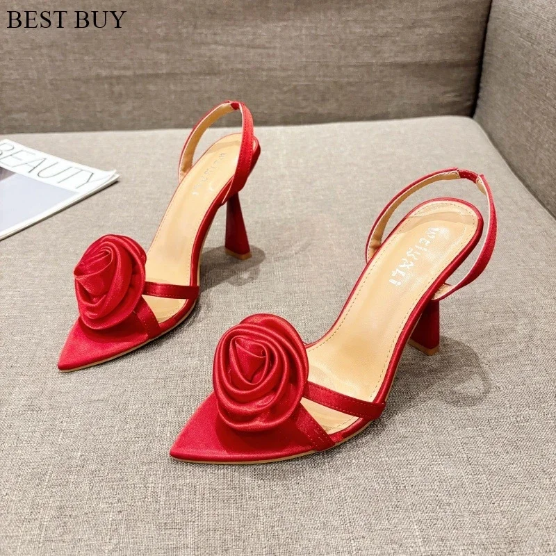 2024 Summer Fashion Silk Rose Flowers Pointed Open Toe Back Strap Sandals Women Red High Heels Wedding Prom Shoes Zapatos Mujer