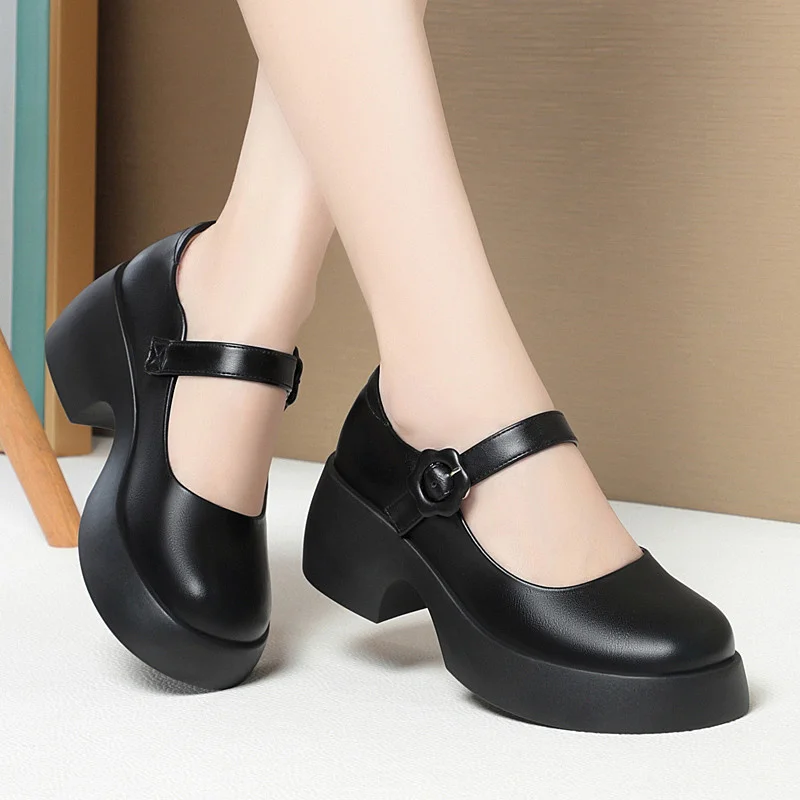 Women\'s Buckle Platform Pumps Round Toe High Heel Mary Jane Shoes 2024 New Elegant Anti-slip Black Soft Leather Single Shoes