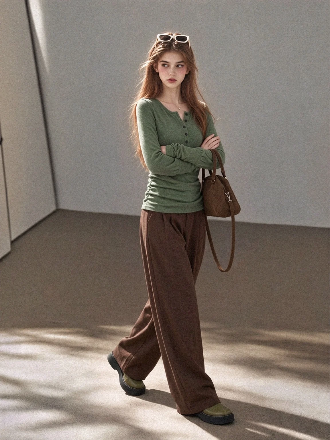 Green Long Sleeve Henry Collar T-Shirt Women's Autumn Folded Waist Base Layer Light Maturity Unique Style Shirt Top