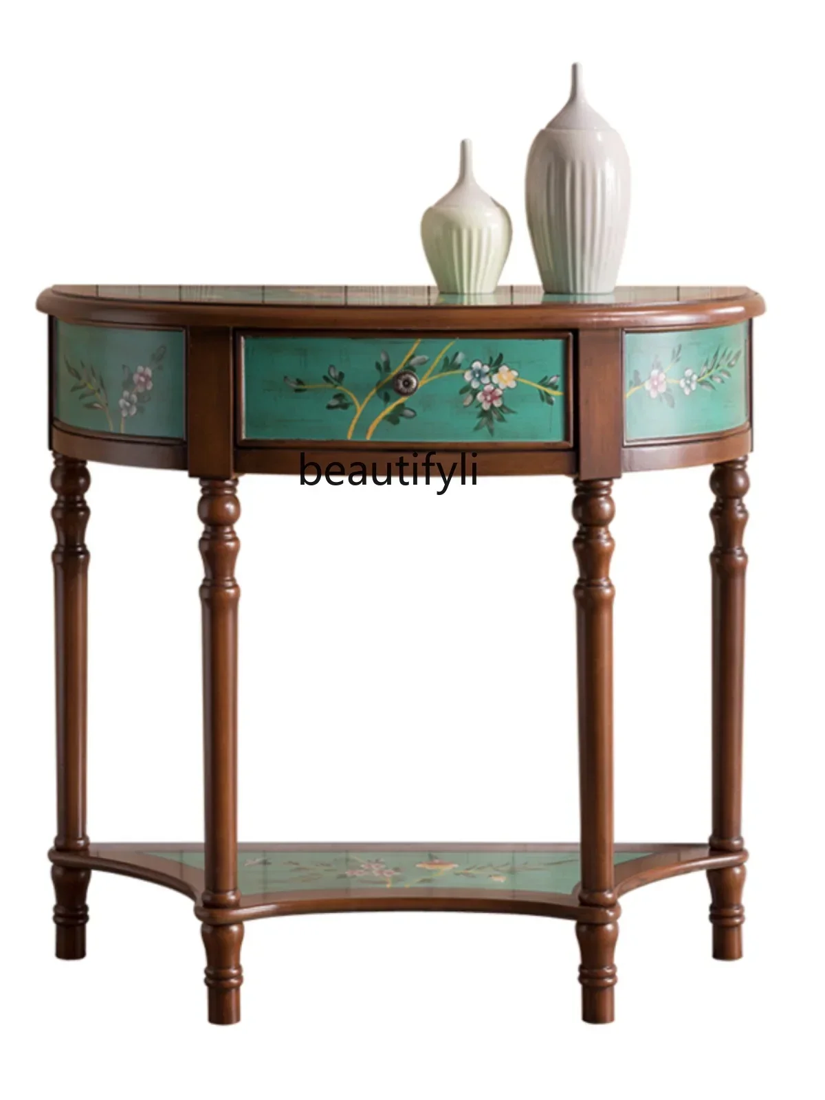 C85 American Semicircle Console Tables Solid Wood Hand Painting Green Corridor Wall Table