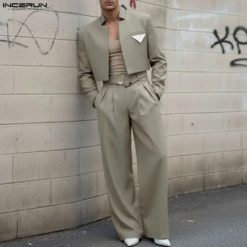 INCERUN Männer Sets Gestreiften Langarm Offenen Stich Crop Blazer & Hosen Zwei Stücke Sets Streetwear Elegante Mode Männer Casual Anzüge