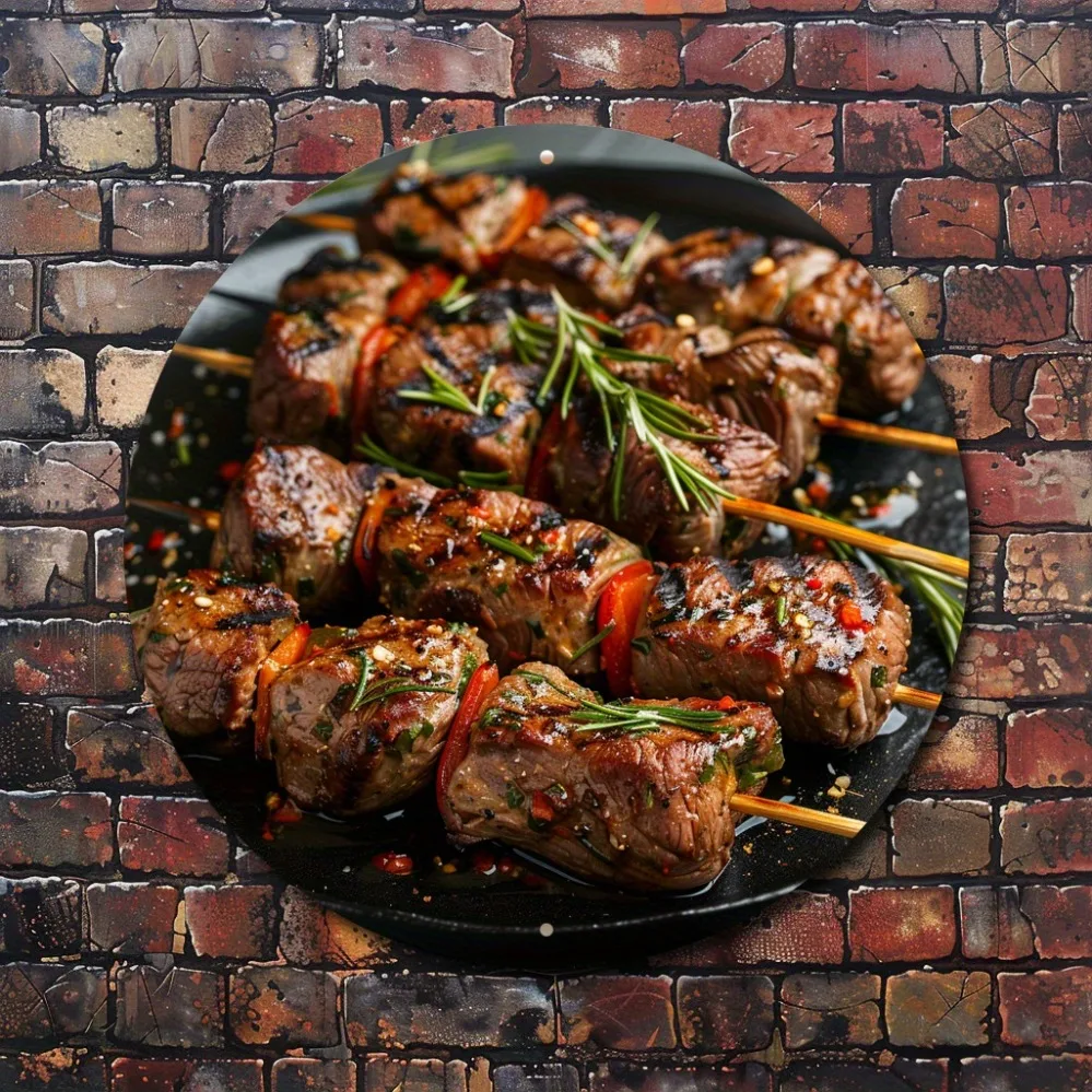2D Metal Sign, Metal Steak Skewer Art Print for Kitchen Restaurant Decor, Round 7.87x7.87 Inch Modern Wall Sign