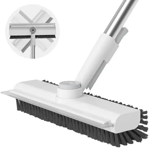 

3-in-1 Floor Scrub Brush with Long Handle – Heavy-Duty Stiff Bristles for Shower, Kitchen, Deck & More (White)
